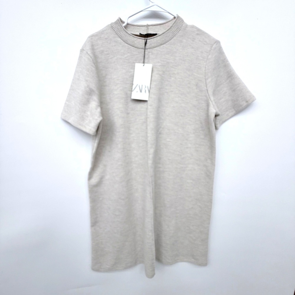 Zara Mini Sweater Dress Women L Beige Short Sleeve Ribbed Crew Neck NWT